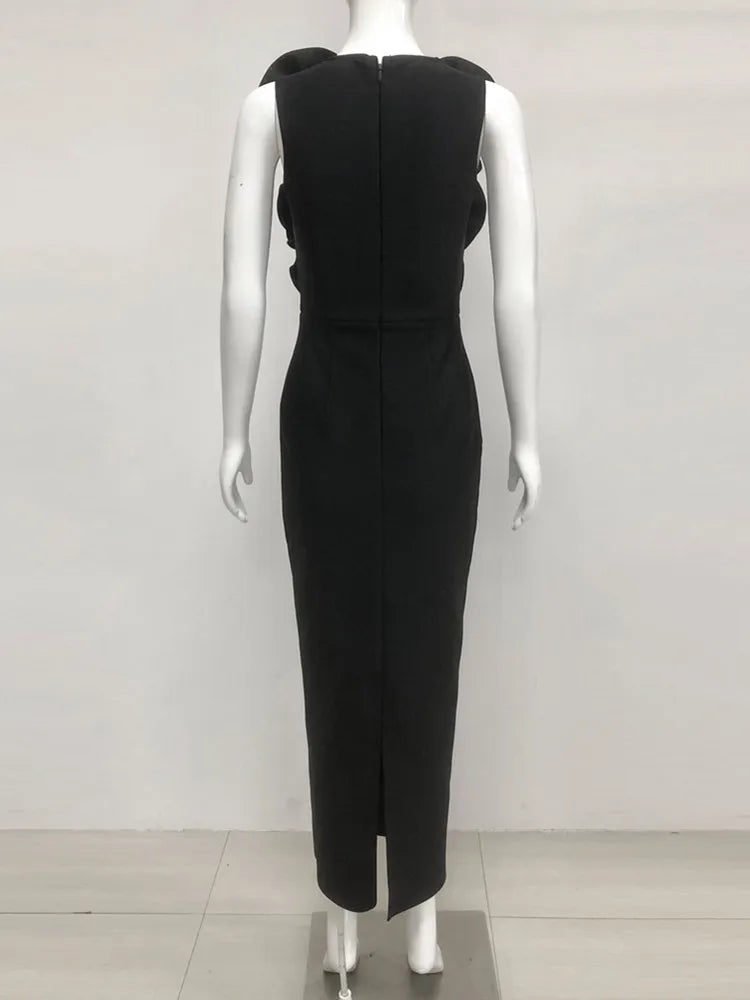 Vestido longo, sexy, com decote em V profundo e flores, estilo celebridade, preto, longo, bandagem justa, elegante, para festa noturna, 2025