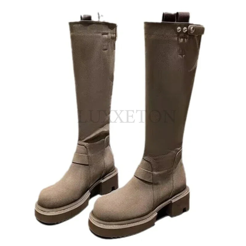 Fashion Women Boots Spring Winter Thick-soled Knee-high Suede Long Comfort Round Toe Botines Mujer Knight Boots