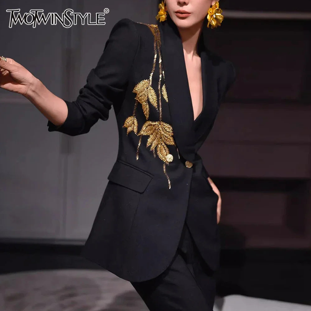 Solid Slimming Spliced Bead Elegant Blazer for Women Lapel Long Sleeves Patchwork Buttons Coat Female Clothing New