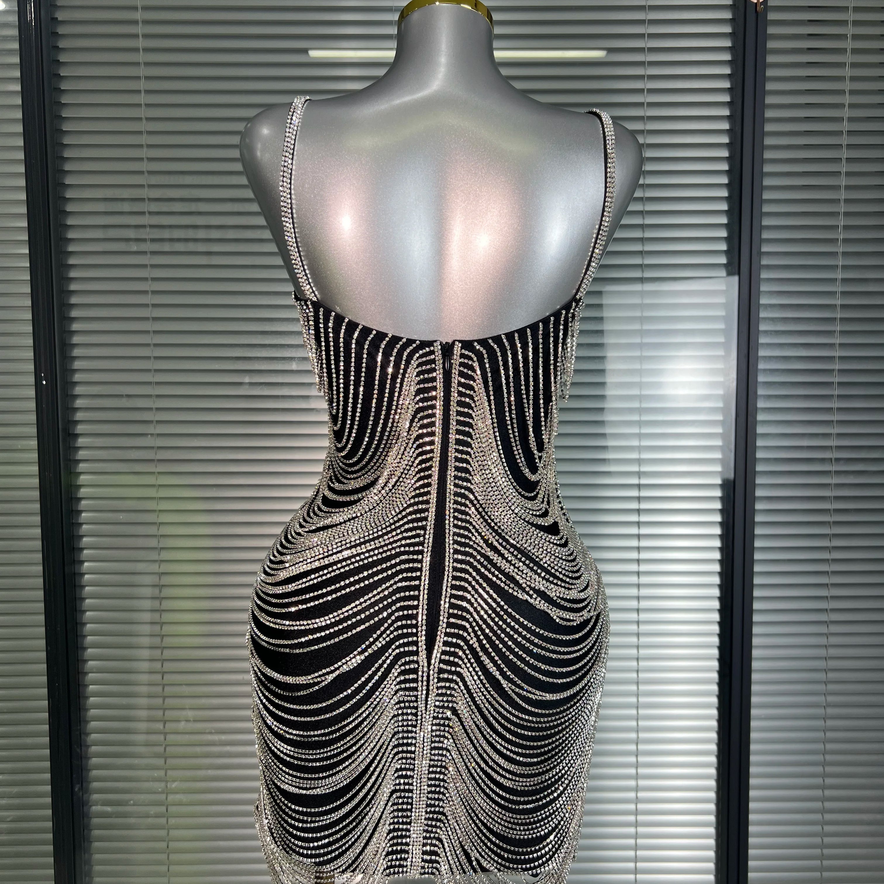 Ins Celebrity New Women Sexy Khaki Crystal Shining Mini Dress Stage Costume Dancer Singer Night Club Sparkly Party Dress