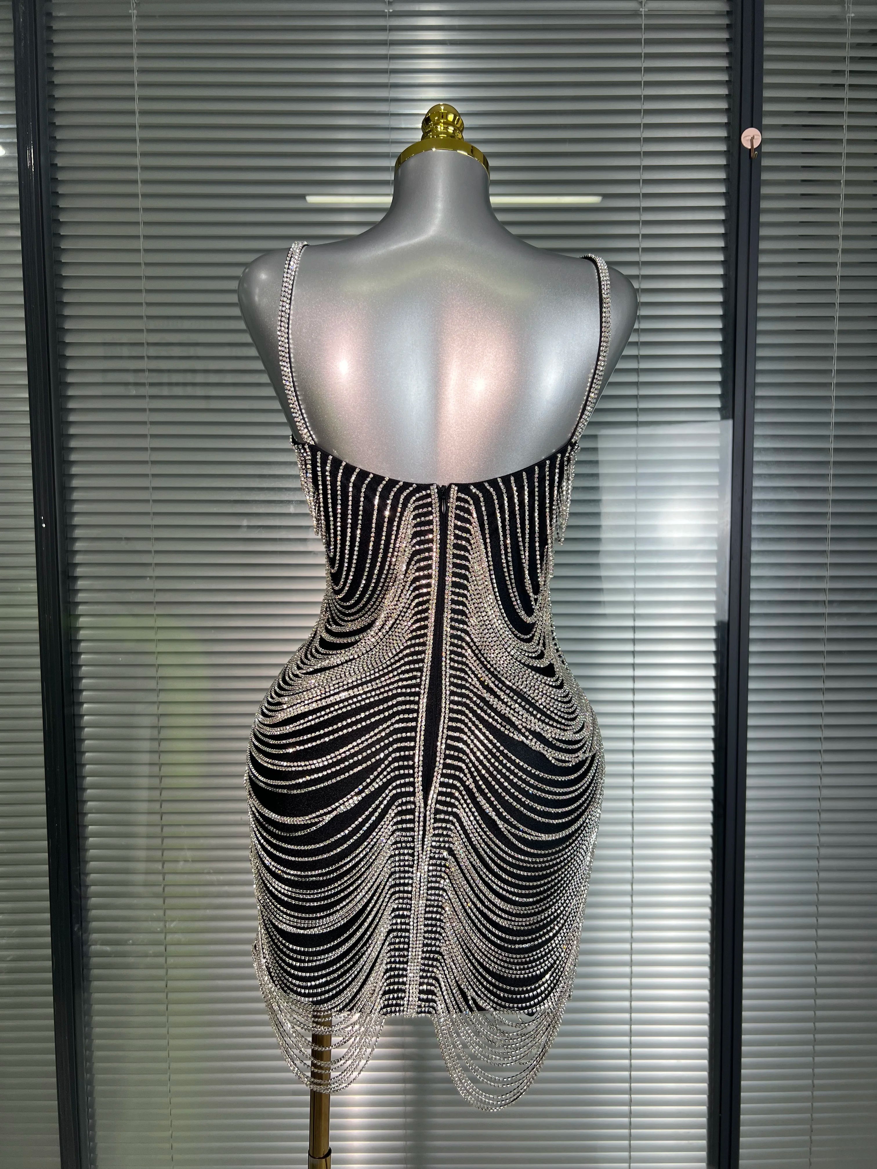 Ins Celebrity New Women Sexy Khaki Crystal Shining Mini Dress Stage Costume Dancer Singer Night Club Sparkly Party Dress