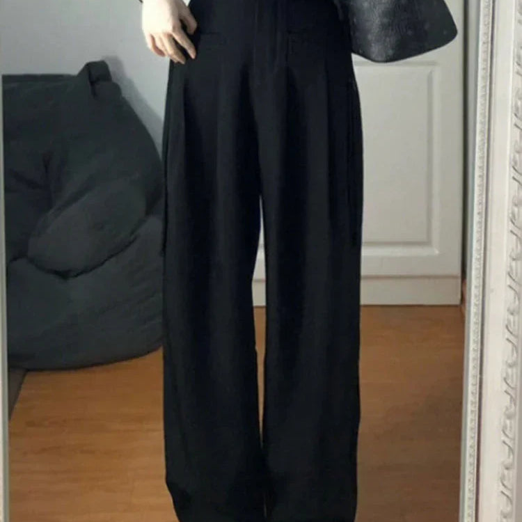 New Fashion Simple High-waisted Wide-leg Female Suit Pants American Full-length Black Casual Straight Solid Color Women's Pants