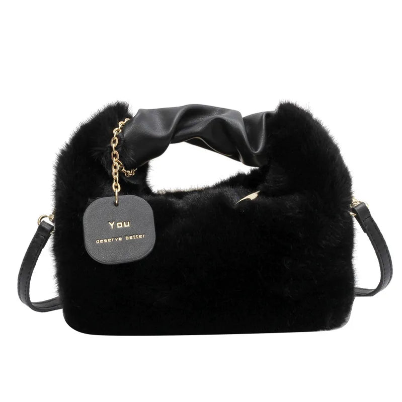 Women Faux Fur Handbags Zipper Small Lady Shoulder Crossbody Bag Casual Tote Half-Moon Hobos Winder A black