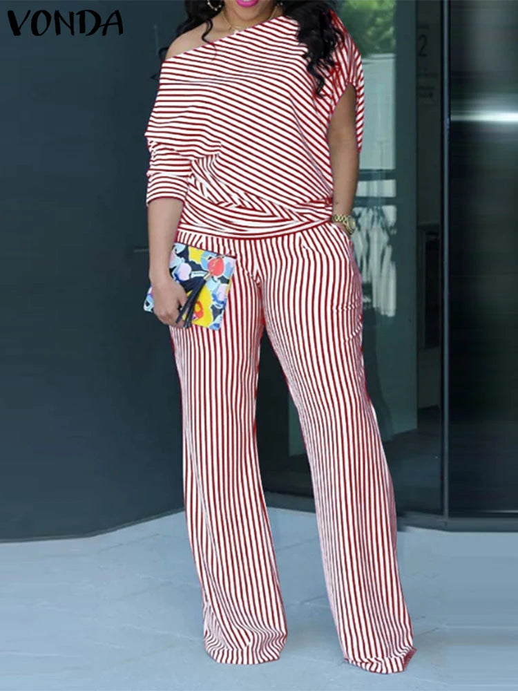 VONDA Plus Size Women Matching Sets 2025 Elegant Off Shoulder Pant Sets Printed Striped Trousers Suits Tops and Wide Leg Pants
