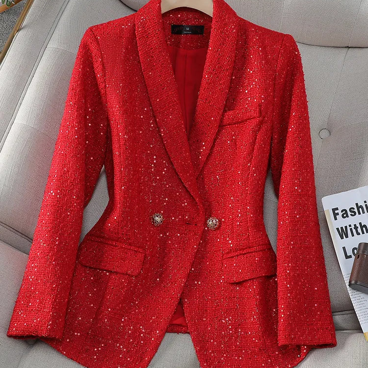 Women's Blazer Ladies Casual Autumn Winter Jacket Female Long Sleeve Single Breasted Button Decoration Red Navy Plaid Coat Red Blazer