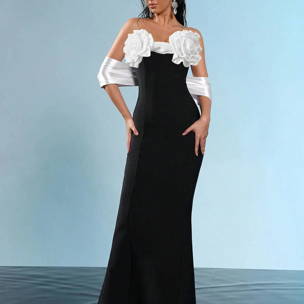2025 Sexy Women'S Three-Dimensional Flower Design Bandage Dress Strapless Shoulder Strap Sleeve Bodycon Backless Long Dresses