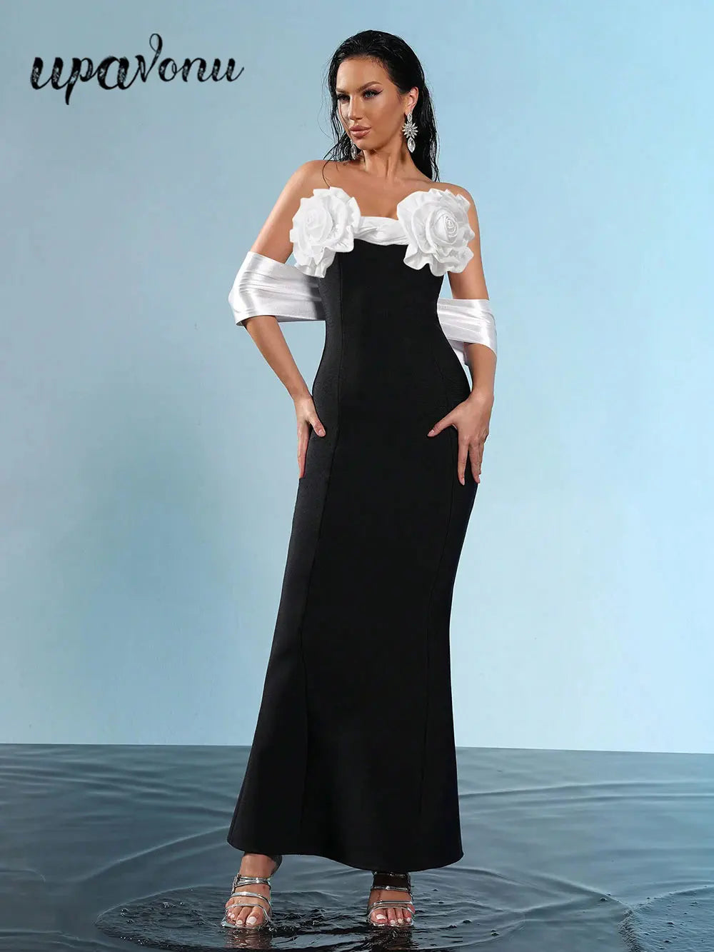 2025 Sexy Women'S Three-Dimensional Flower Design Bandage Dress Strapless Shoulder Strap Sleeve Bodycon Backless Long Dresses