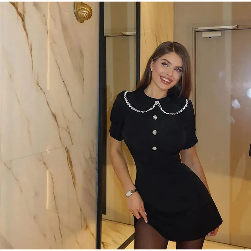 Elegant Doll Collar Mini Dress Women Spring Summer Chic Solid Short Sleeve Sexy Slim Button Dresses Female Commute Clothes black 2