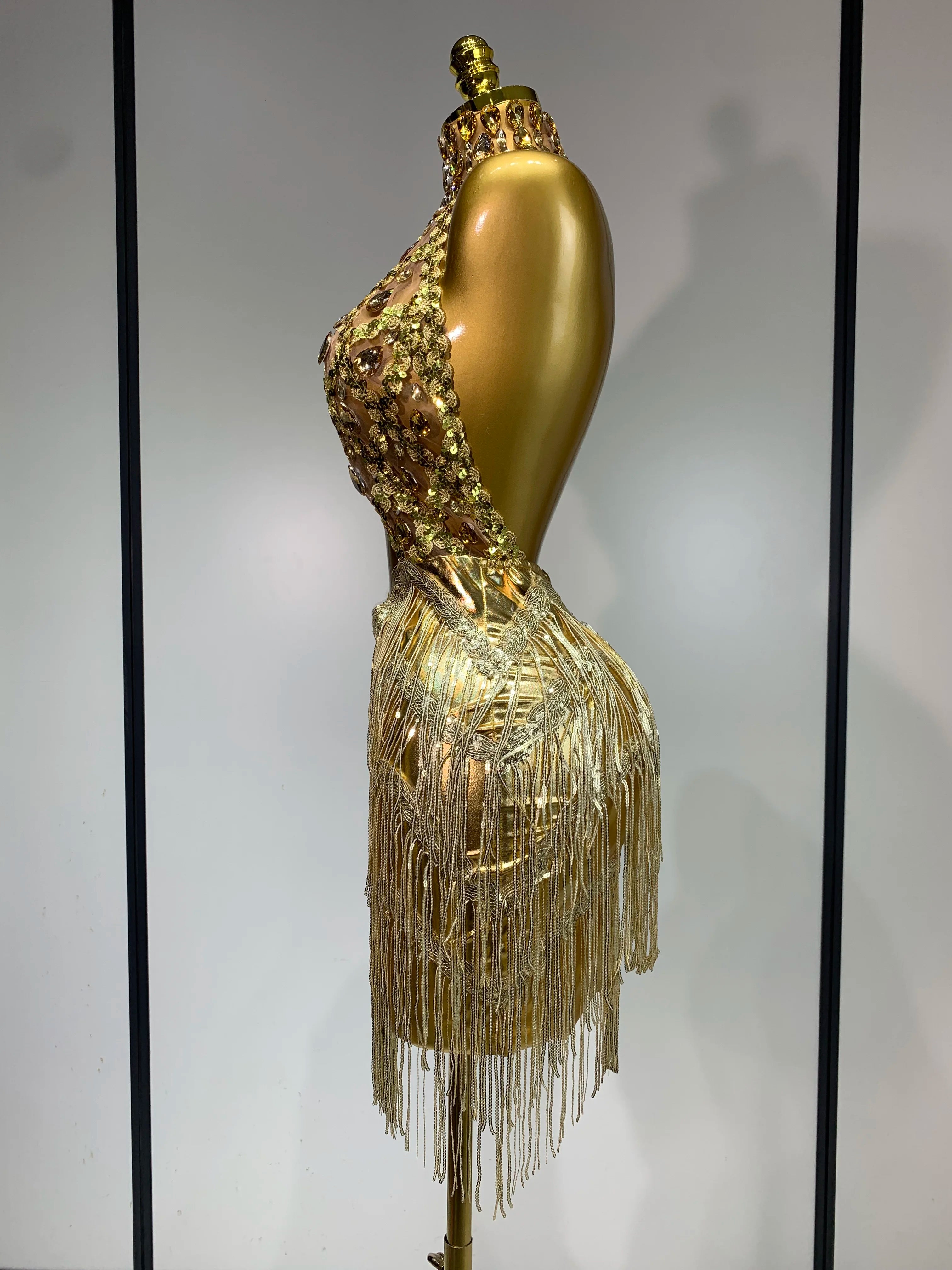 Women Birthday Party Rhinestones Tassels Transparent Short Dress Dance Show 2025 Sexy Fashion Gold Sparkly Stage Costume