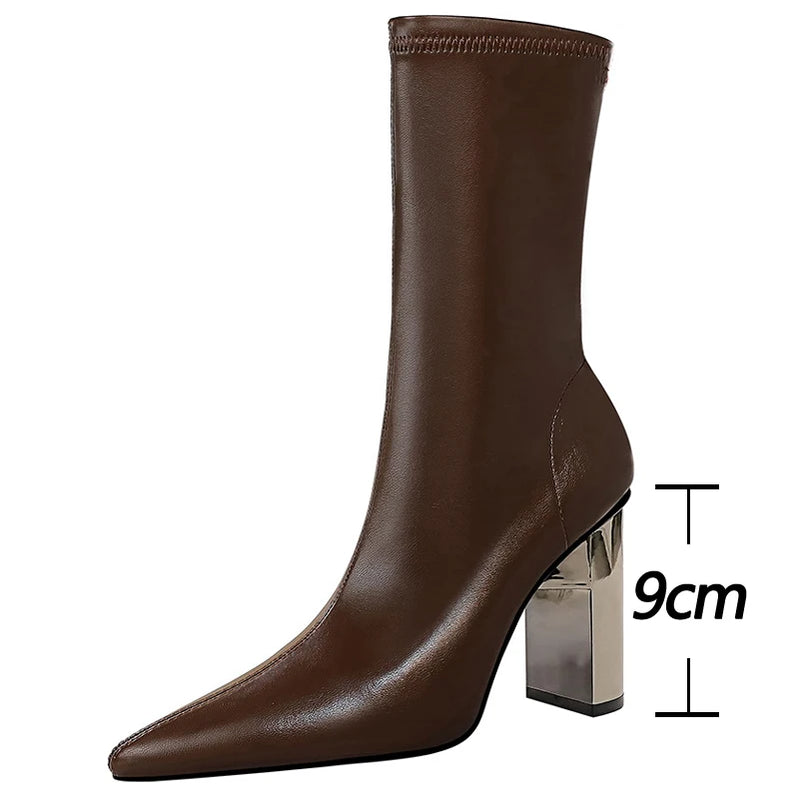 Shoes Metal Chunky Heel Leather Boots Women Mid-Calf Boots Fashion Autumn Winter Shoes High-heel Boots Female Shoes
