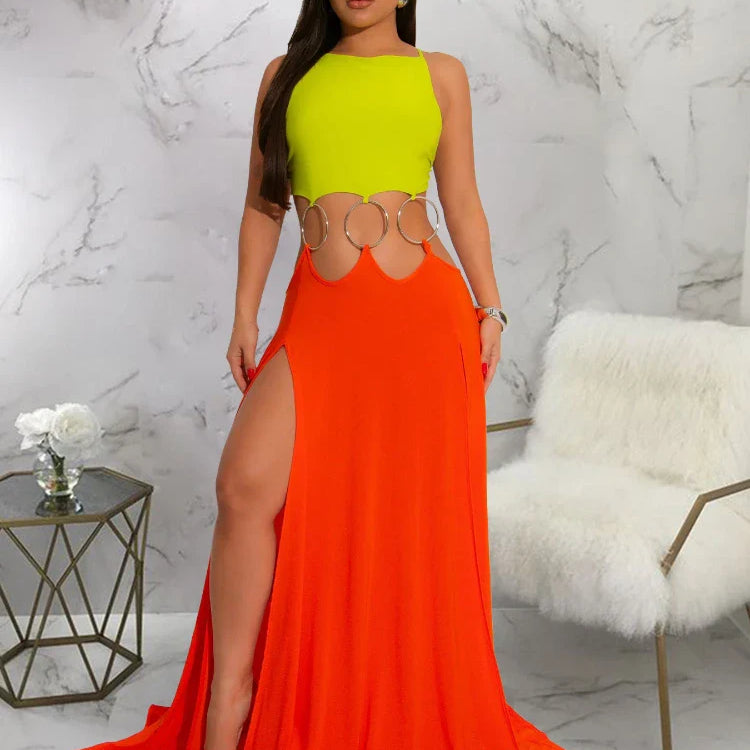 CM.YAYA Women Strap Backless Big Swing Split Maxi Long Dress 2025 Hollow Out Birthday Sexy Club Party Evening Dresses Vestidos