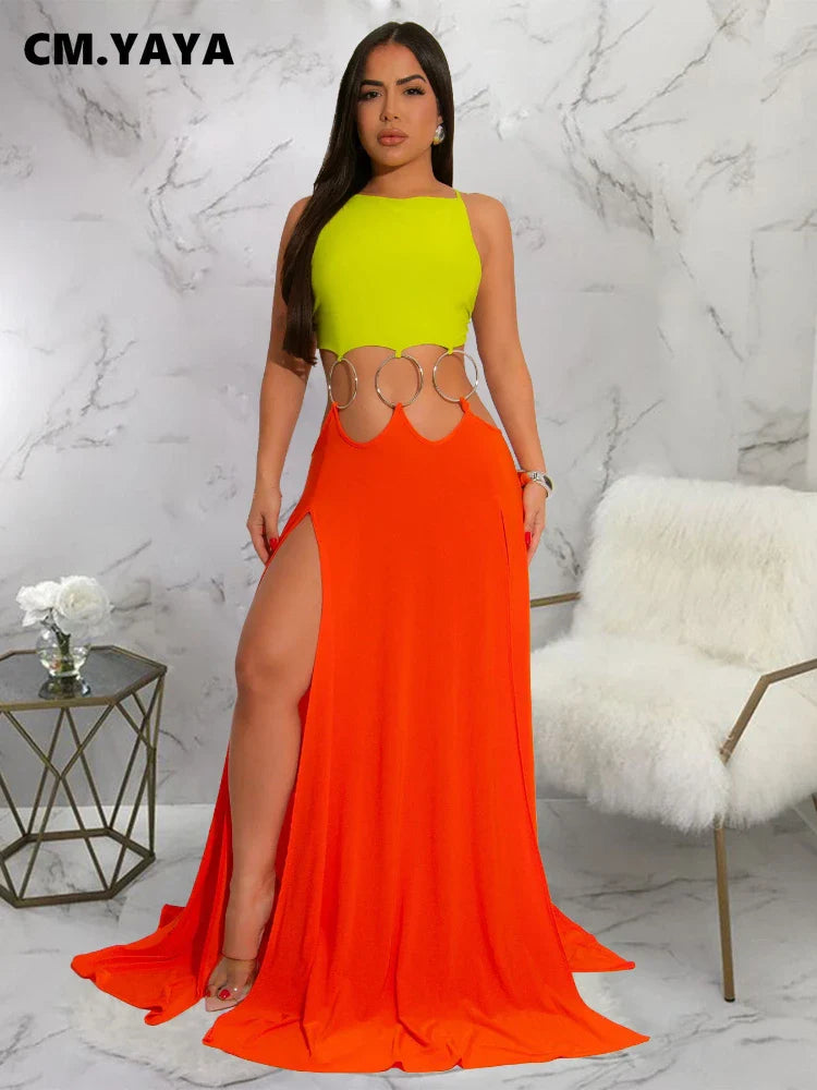 CM.YAYA Women Strap Backless Big Swing Split Maxi Long Dress 2025 Hollow Out Birthday Sexy Club Party Evening Dresses Vestidos