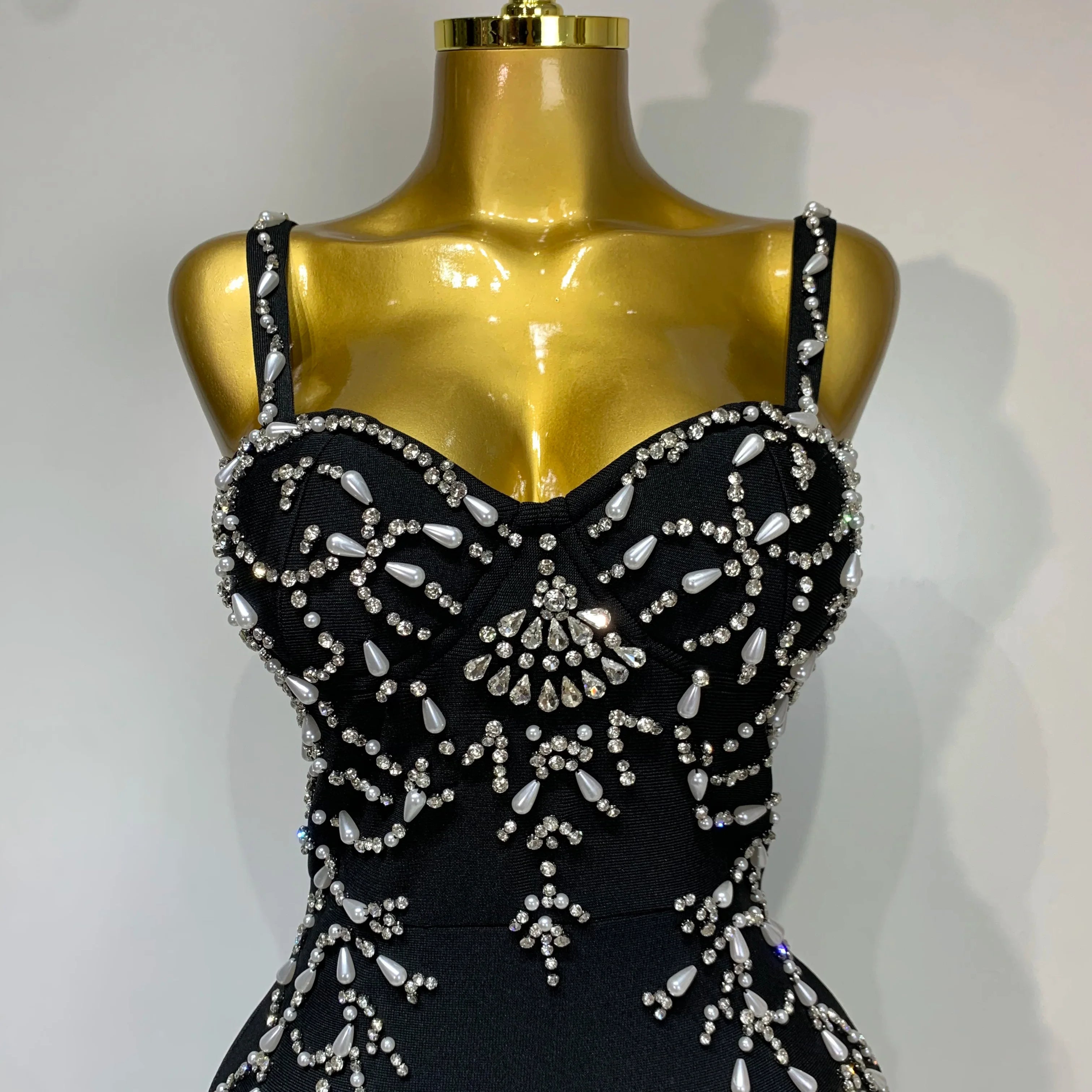 Women Sexy V Neck Black Beading Maxi Long Bodycon Bandage Dress  Celebrity Elegant Evening Club Party Luxury Birthday Dress