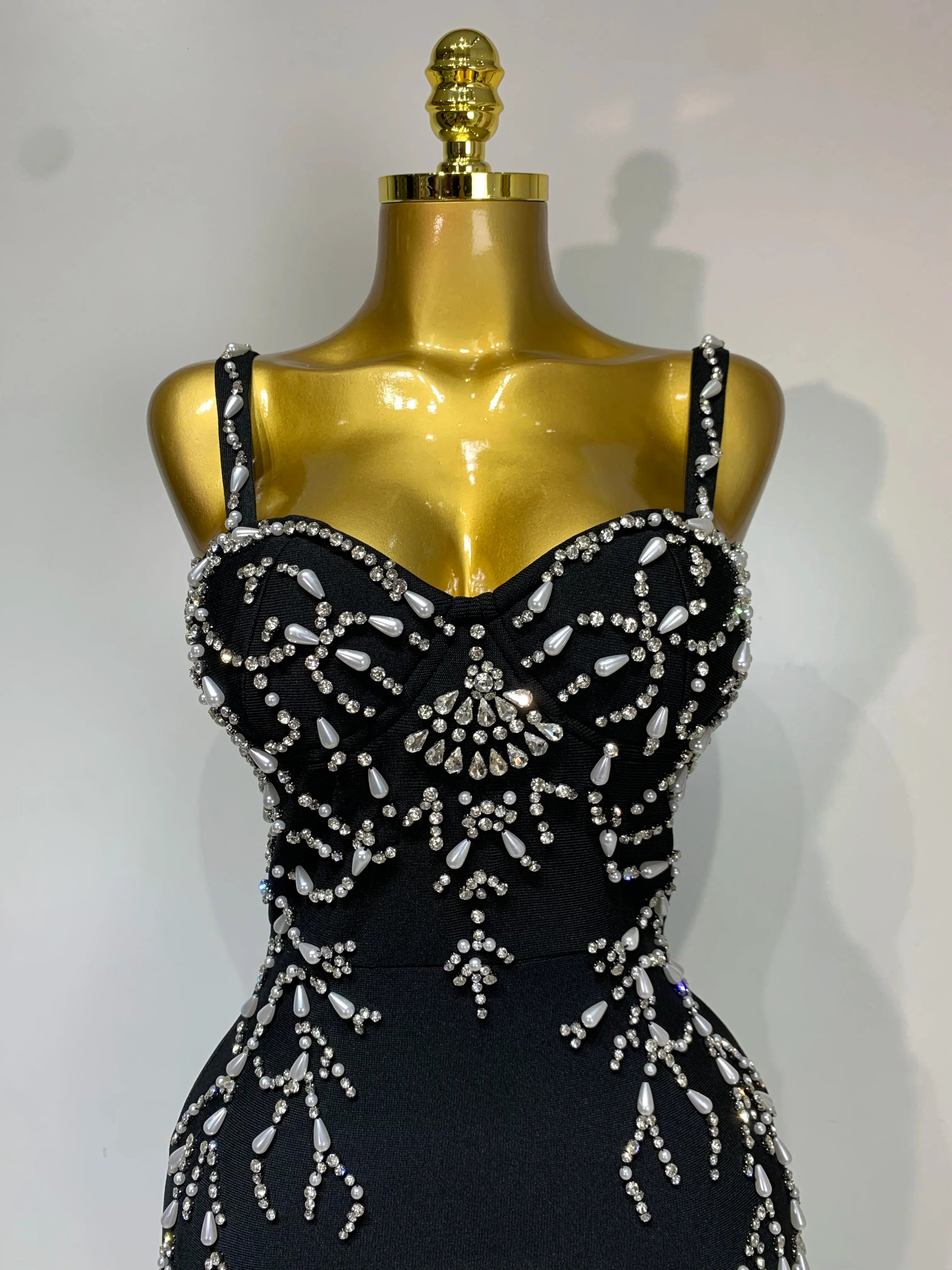 Women Sexy V Neck Black Beading Maxi Long Bodycon Bandage Dress  Celebrity Elegant Evening Club Party Luxury Birthday Dress