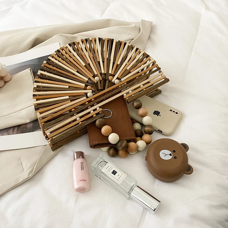 Fashion Summer Handmade Bamboo Handbag Fashion Wooden Bead Handle Women's Hollow Out Beach Bag Hand-woven Beach Travel Bag