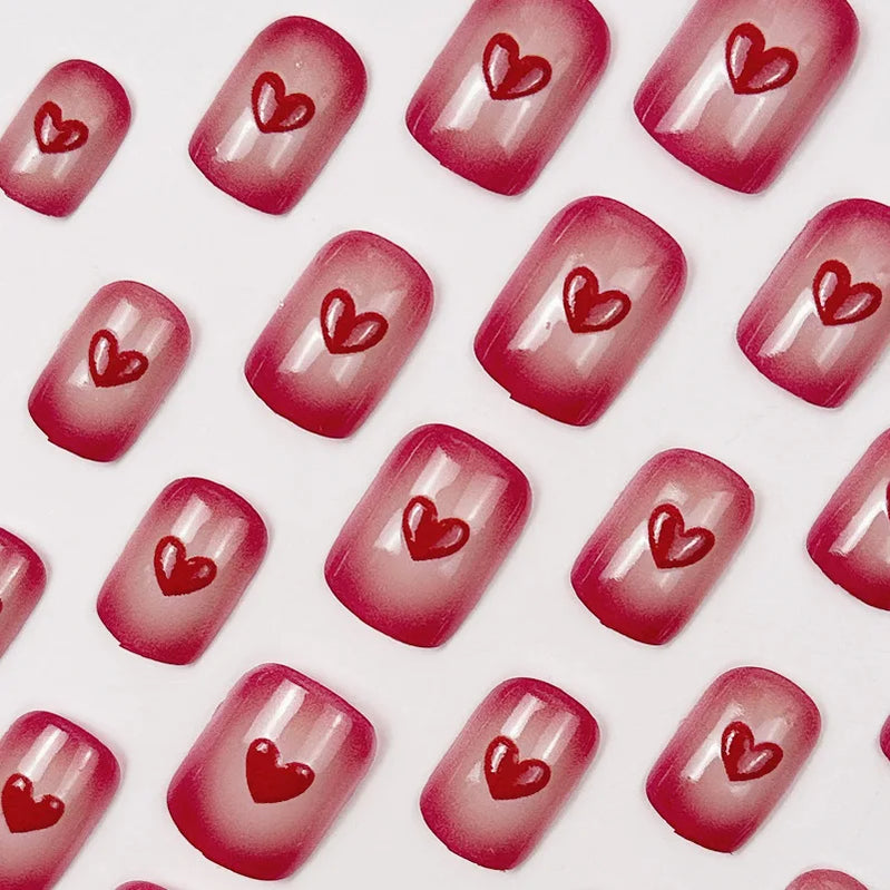 24Pcs Blush Red Fake Nails Short Square Press On Nails Love Heart Printed Women Girls Valentine's Day Charm False Nails Art