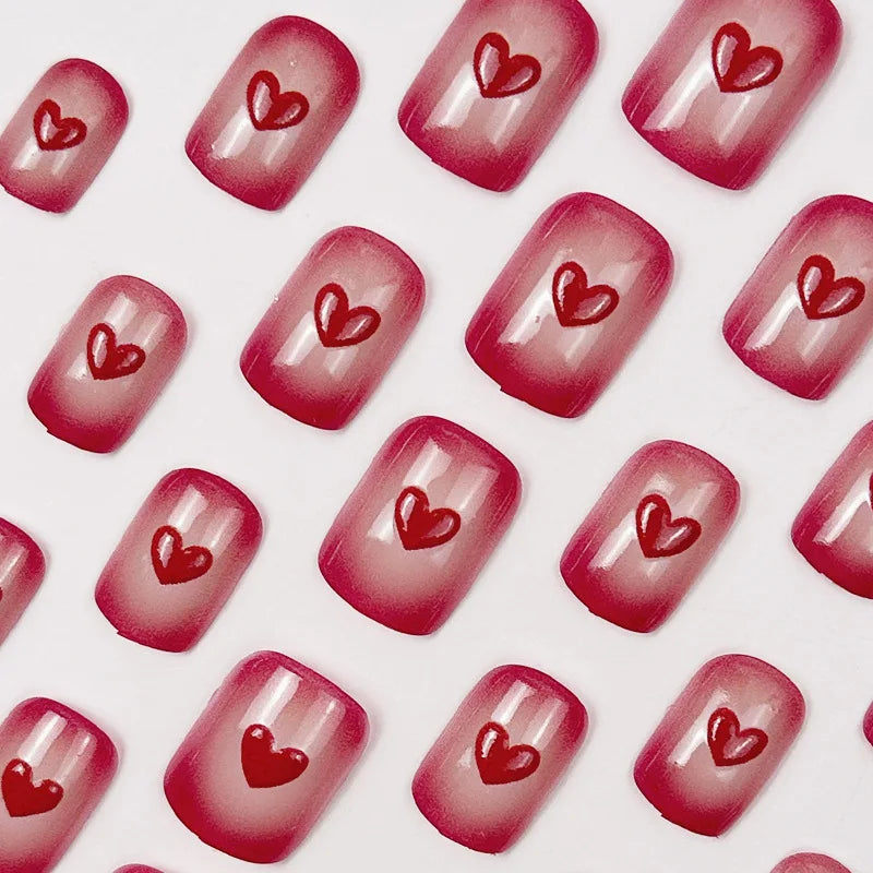 24Pcs Blush Red Fake Nails Short Square Press On Nails Love Heart Printed Women Girls Valentine's Day Charm False Nails Art