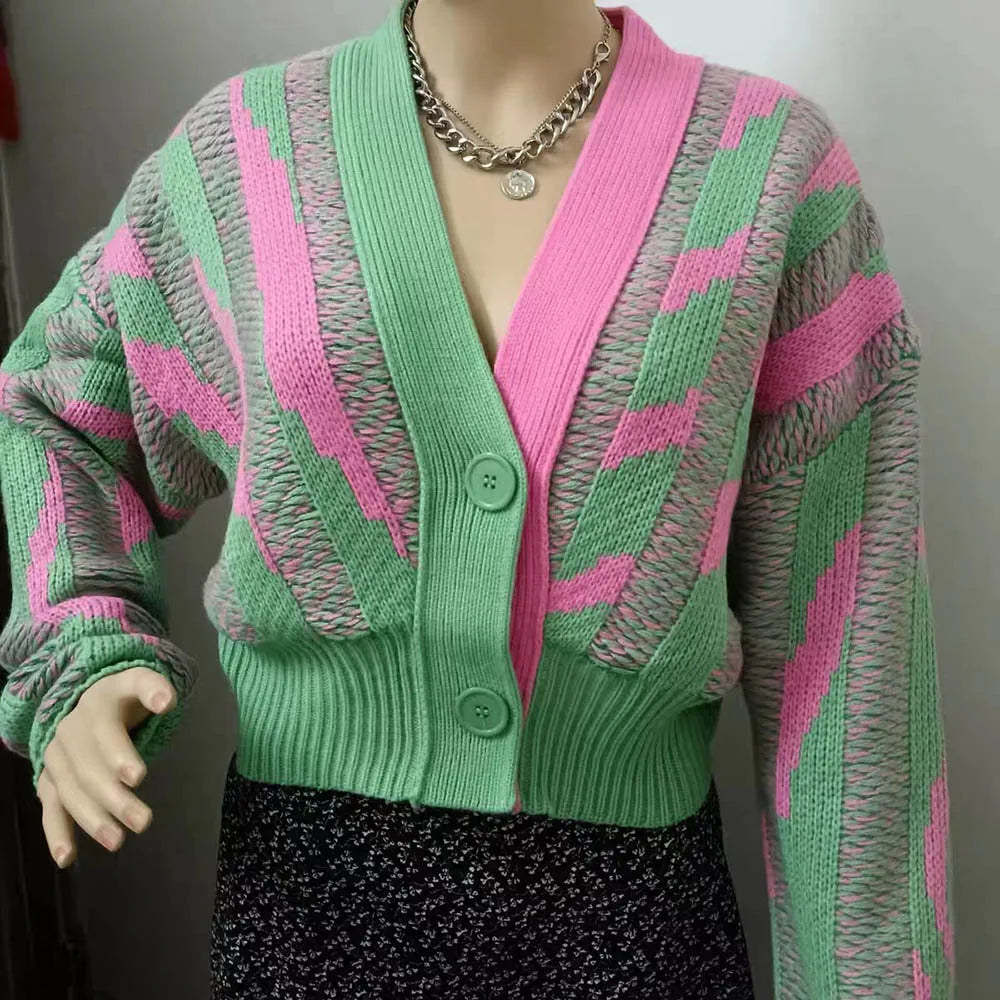 Women Color Block Green Crop Cardigan High Street Long Sleeve Knit Top Autumn Winter New in Korean Dongdaemun Fashion