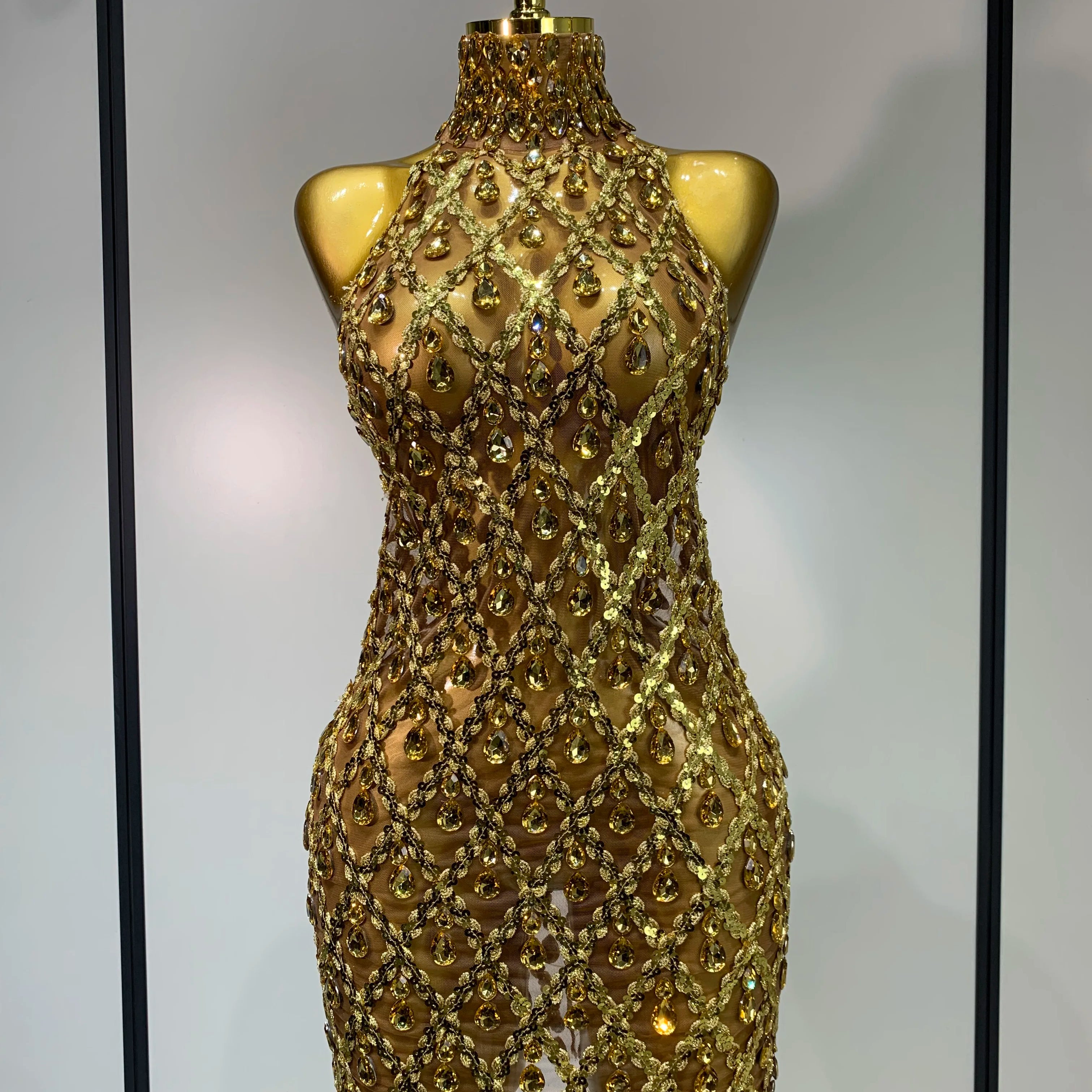 Women Sexy Stage Shining Rhinestone Sequins Dress Evening Prom Luxury Birthday Dress Transparent Performance Singer Club Dress