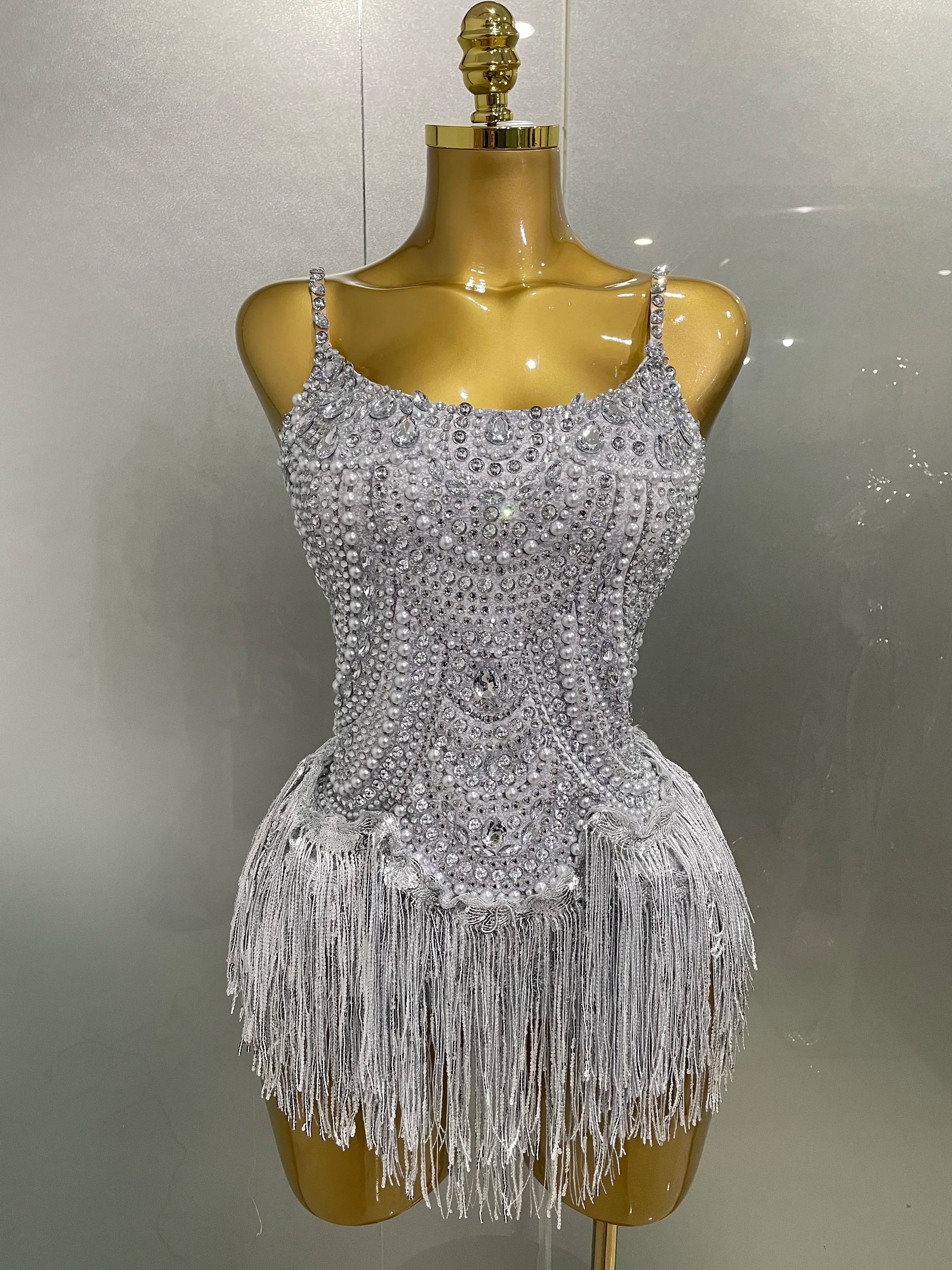 Sparkly Silver Rhinestones Pearl Tassels Bodysuit 2025 New Women Sexy Eveing Birthday Party Nightclub Stage Performance Costume