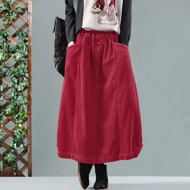 Women Corduroy Skirts Casual Elastic Waist Long Skirt Female Faldas Saia Autumn Vintage Solid Jupe Vestidos Oversize Wine Red