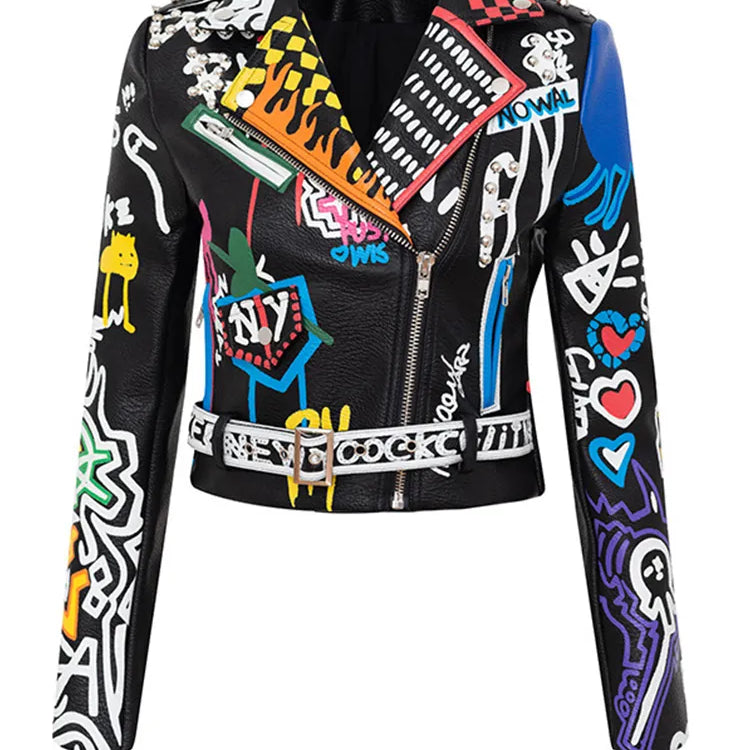 Merek Fashion Mantel Jaket Kulit Wanita Treopard Print Graffiti Rivets Punk Coats Slim Lokomotif Jaket Top Kulit