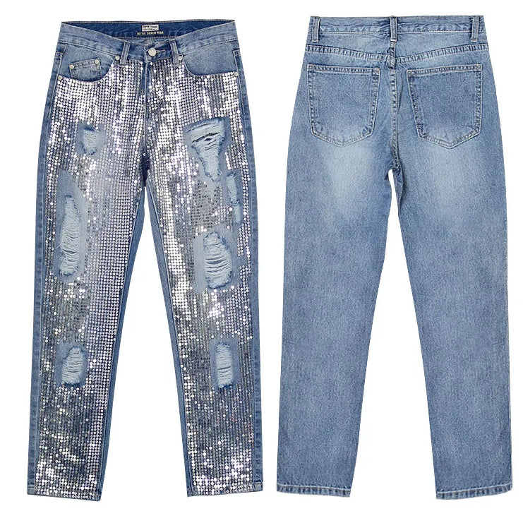 Women's mid rise loose fitting straight denim cropped pants with trendy metal colored worn holes beads Sequin decoration jeans Blue
