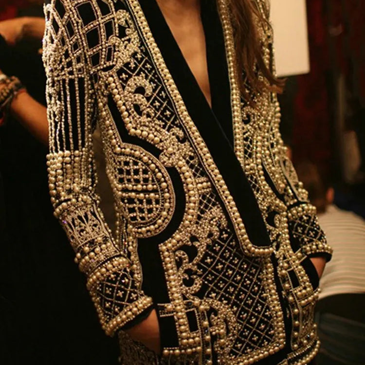 Stylish Designer Jacket Women's V-neck Long Sleeve Luxurious Metallic Beaded Long Blazer