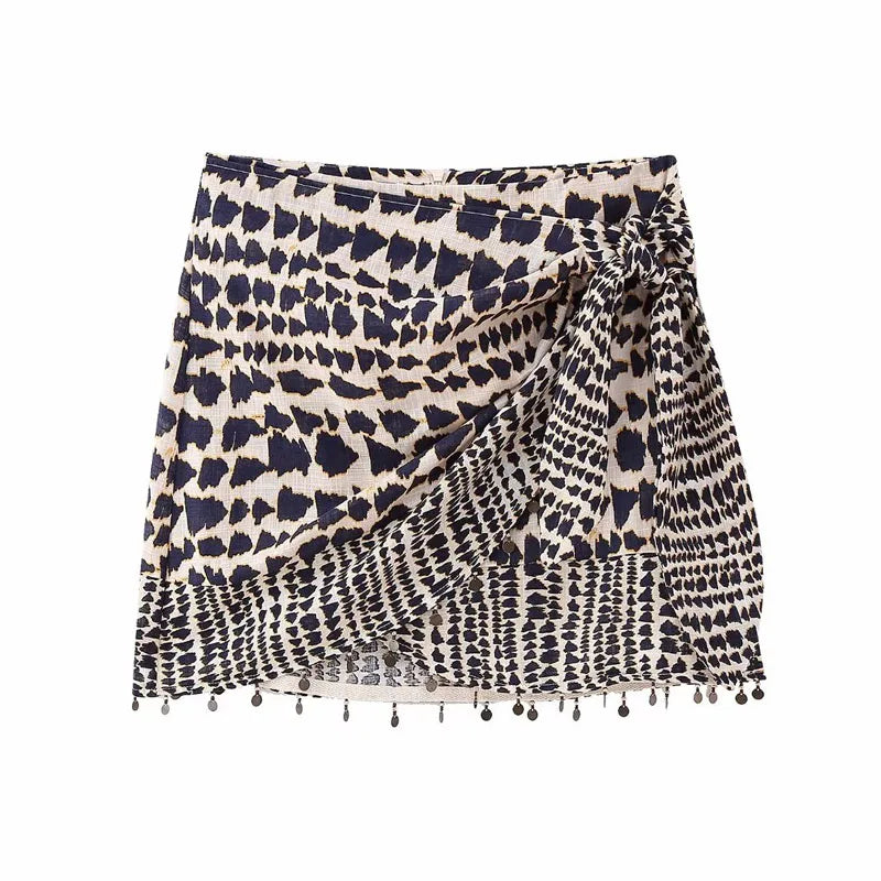 Skirts For Women Vintage Print Wrap Mini Skirt Female Clothing Korean Fashion Irregular Tassel Short Skirts Summer Mixed Color