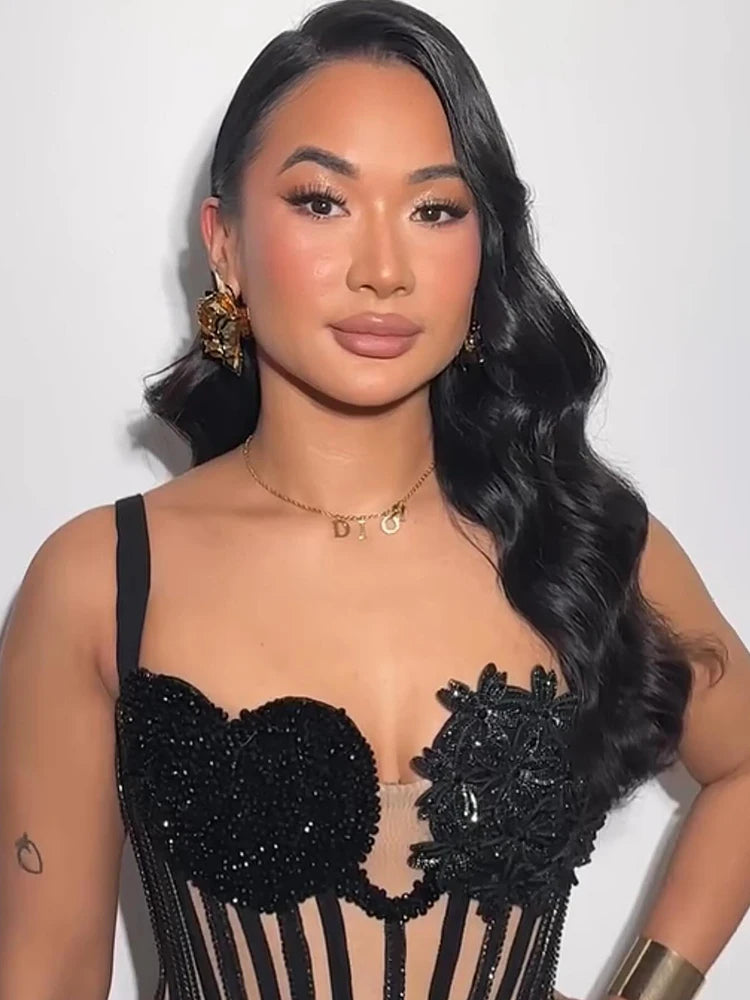 VC Glamorous Black Halter Sequin Flower Mesh Top Mermaid Dress for Galas Evening Gown