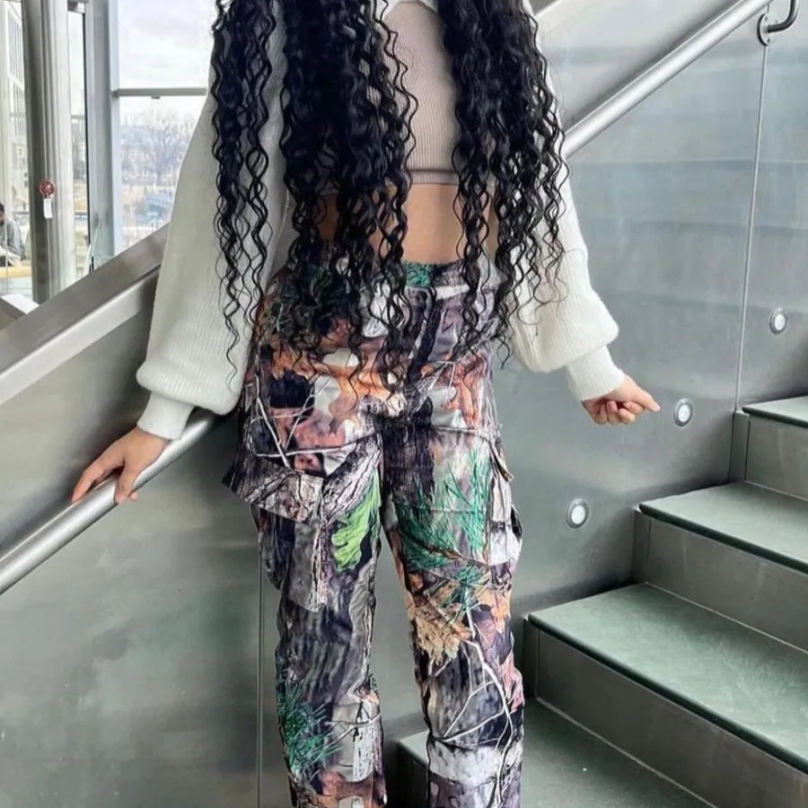 Mid-Waist Side Pocket Design Camo Print Cargo Pants Women Street Y2K Trousers Print Design Jeans