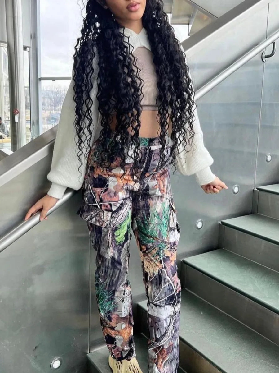 Mid-Waist Side Pocket Design Camo Print Cargo Pants Women Street Y2K Trousers Print Design Jeans