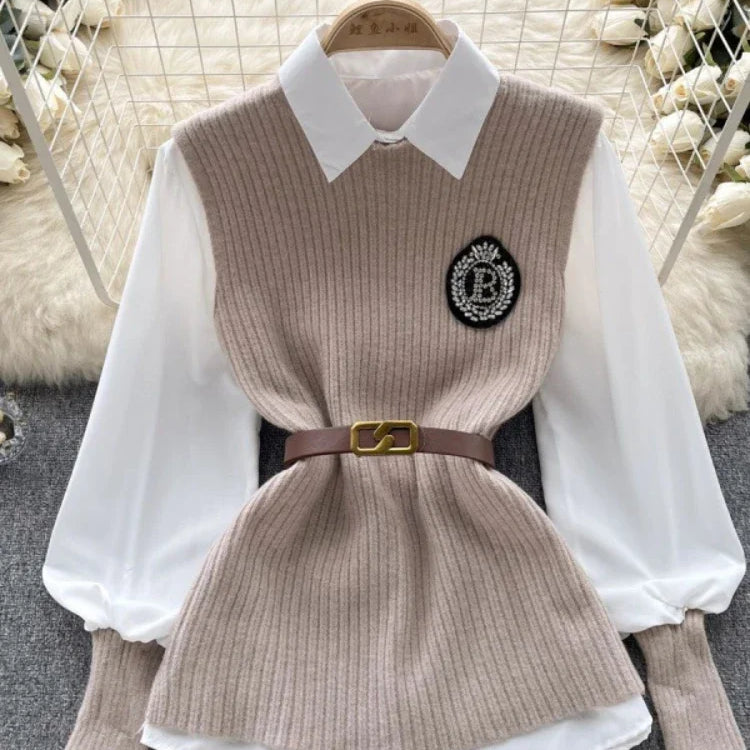 Loose White Shirt Long Sleeve Top Women's Belt Slit Knit Vest Korean Fashion Two Piece Set for Women Blouse Spring New khaki