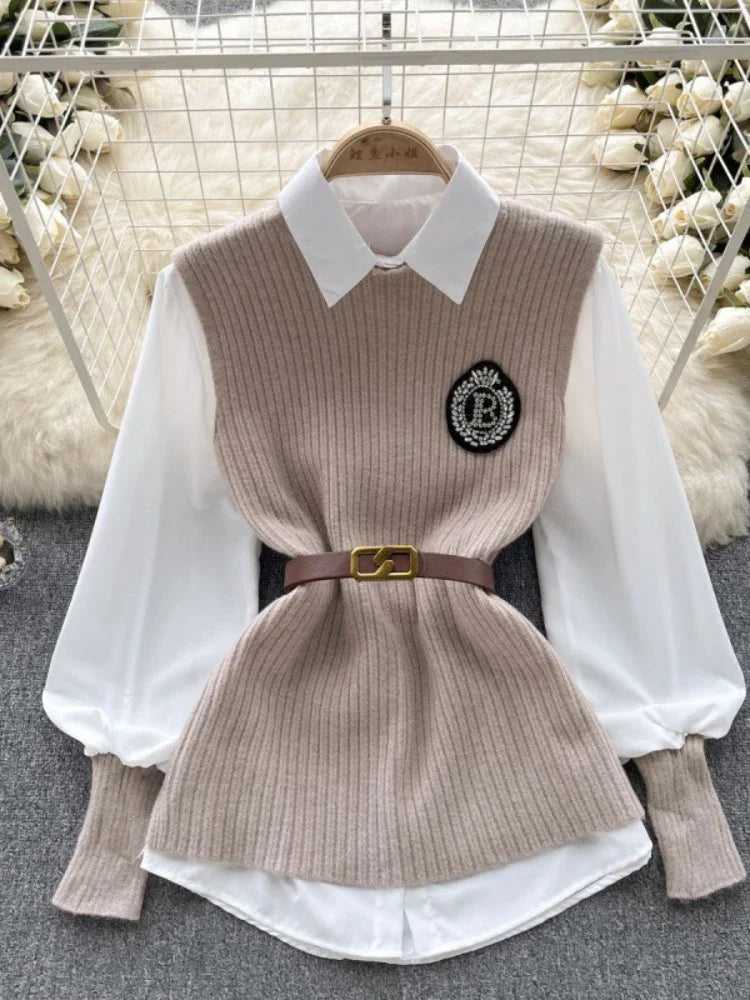 Loose White Shirt Long Sleeve Top Women's Belt Slit Knit Vest Korean Fashion Two Piece Set for Women Blouse Spring New khaki
