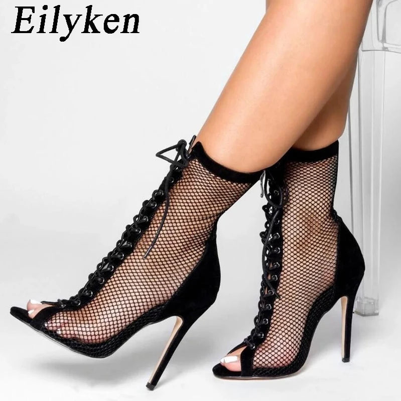 Fashion Design Mesh High Heel Women Boots Sandals Sexy Peep Toe T-tied Stripper Pole Dancing Stiletto Shoes