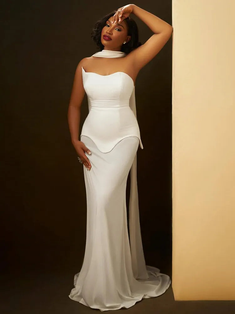 Luxury Sexy Strapless Backless White Black Maxi Long Women Celebrity Dress Elegant Party Evening Club Vestido Clothing