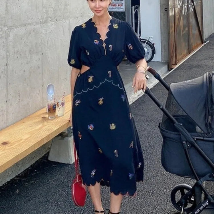 Women's Summer Vintage Long Embroidery Flower Chiffon Dress Hollow Out Waist Curvy V Neck Midi Sundress Korea Style