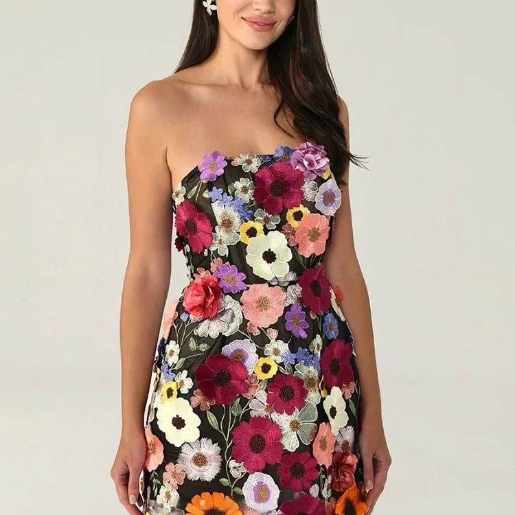 Arrival Pink Color Women Sexy Strapless Colorful Florals Bodycon Mini Dress Girls' Birthday Party Celebrate Vacation Dress