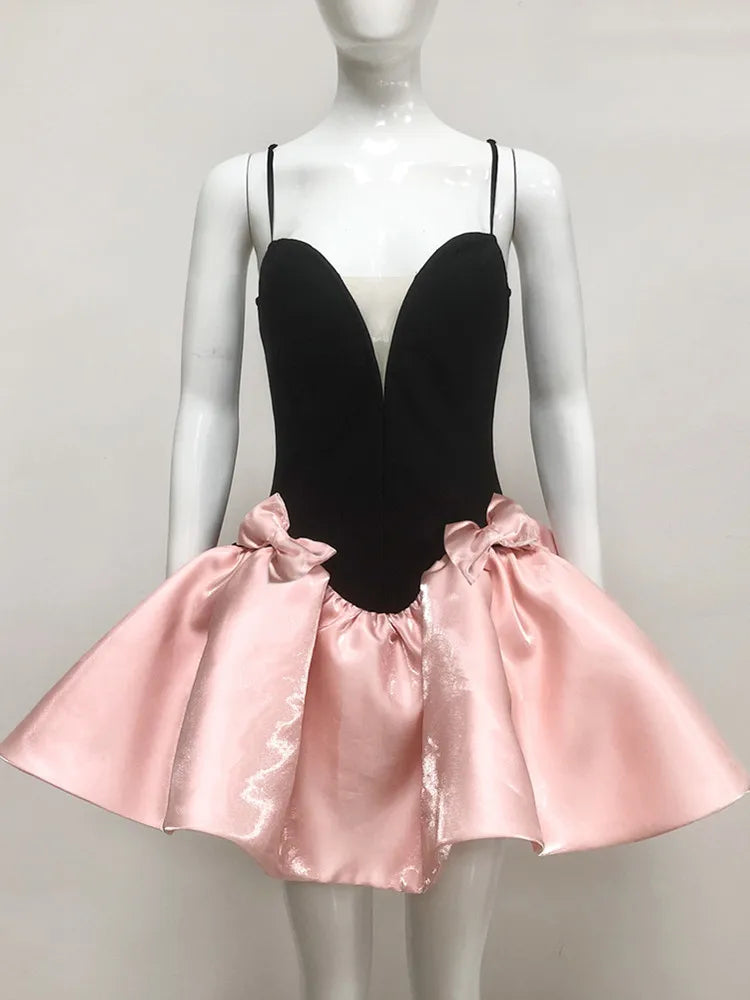 Women Celebrity Sexy Backless Ball Patchwork Pink Black Mini Gowns Dress 2025 Elegant Evening Party Club Vestido