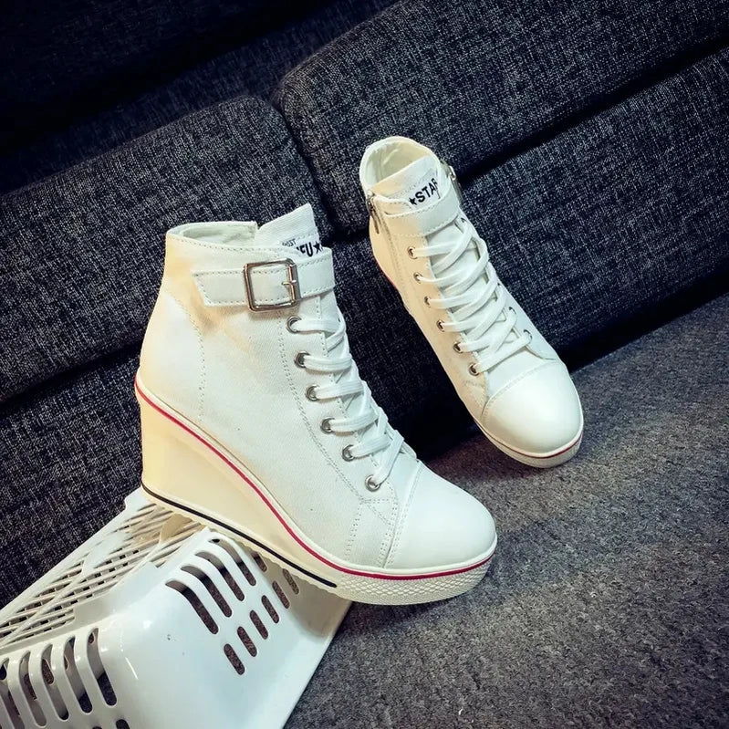 High Top Canvas Women Wedge Shoes Women's Denim Ankle Lace Up Ladies Ankle Canvas Shoes Woman 8cm Heels Sneakers