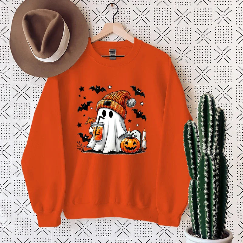 New Women's Sweatshirt Halloween Ghost Pumpkin Bat Print Round Neck Pullovers Ladies Autumn Winter Casual Halloween Sweatshirt Orange