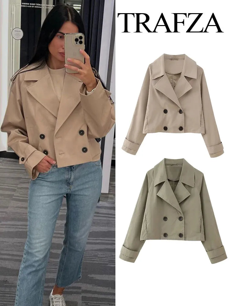 Autumn Short Windbreaker Women's Jacket TRAF Elegant Loose Retro Double-Breasted Windproof Lady Long-Sleeved Jacket