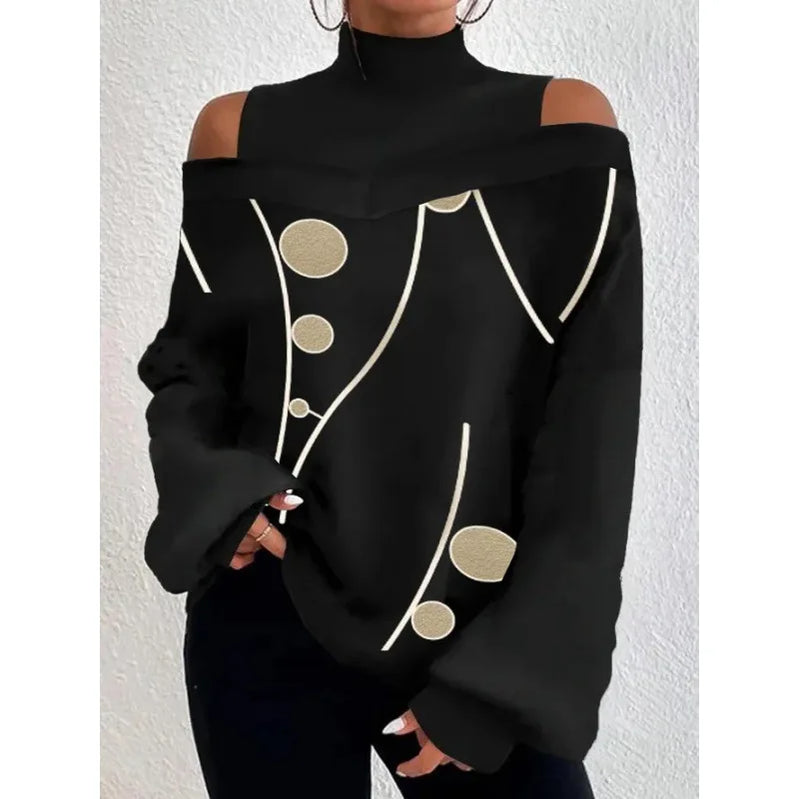 2024Ladies Long Sleeve Turtleneck Tops Women Sexy Off Shoulder Hollow Out Loose Printing T-shirt Autumn Fashion T-shirt Top 3