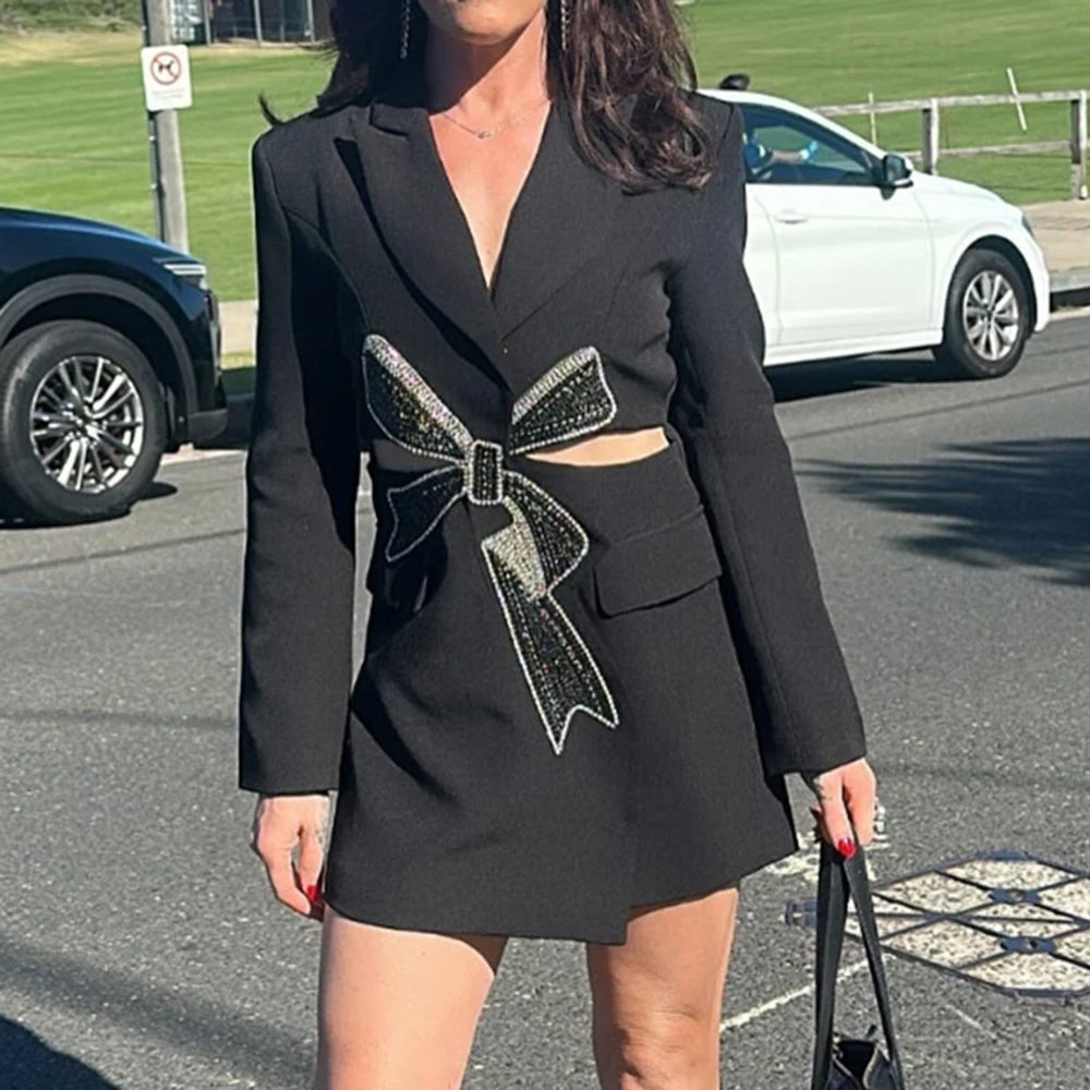 TWOTWINSTYLE Solid Hollow Out Spliced Bow Fashion Jackets for Women Lapel Long Sleeves Patchwork Button Jacket Female Clothing