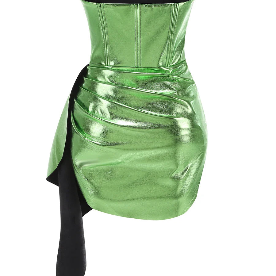 Women Sexy Strapless Shinning Leather Bodycon Mini Draped Dress Celebrate Nightclub Party Chiristmas Bar Singer Wear