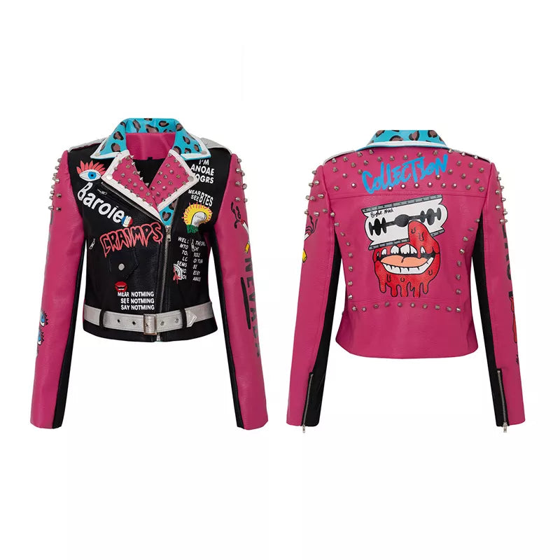 Spring Skull Pattern Graffiti Short Leather Jackets For Punk Women Rivet Slim Streetwear Motorcycle Jackets Coat 11