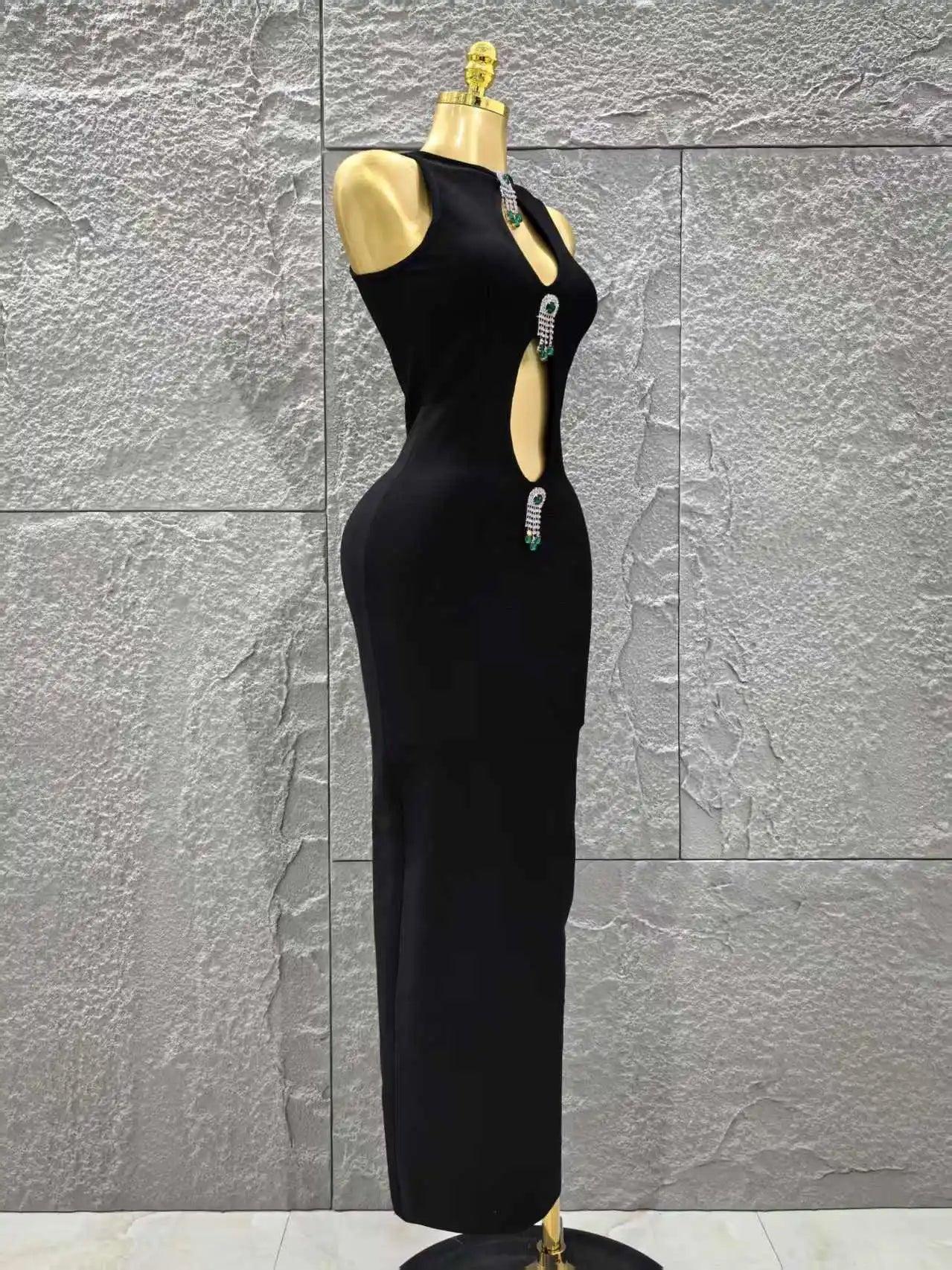 Top Quality Women Sleeveless Sexy Keyholes Shinning Diamond Bodycon Long Bandage Dress Evening Party Celebrate Cocktail Dress