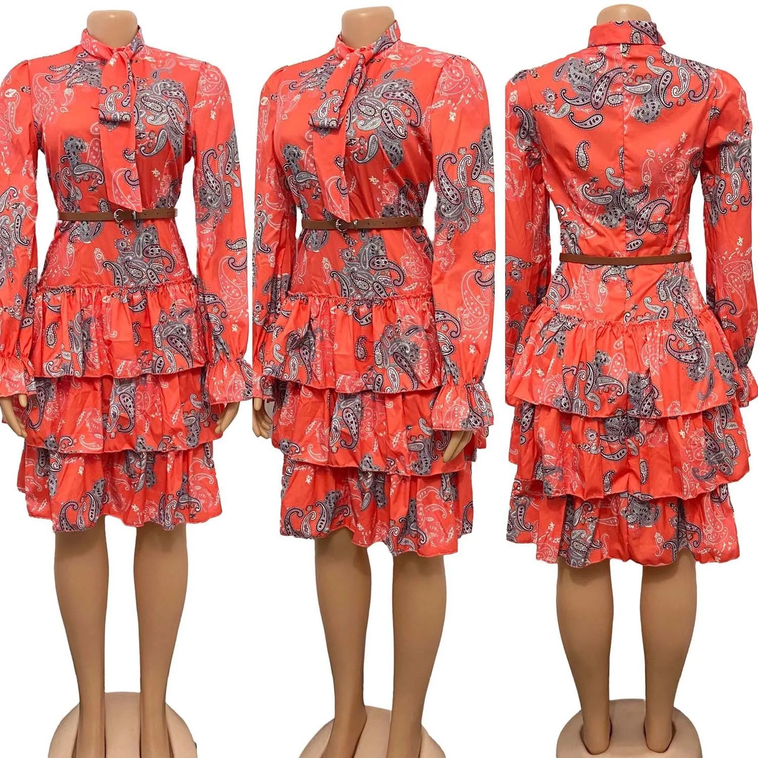 Elegant Office Ladies Dresses for Women Bow Collar Full Sleeve Belt Waisted Ruffles Knee Length Formal Business Work Vestidos OL