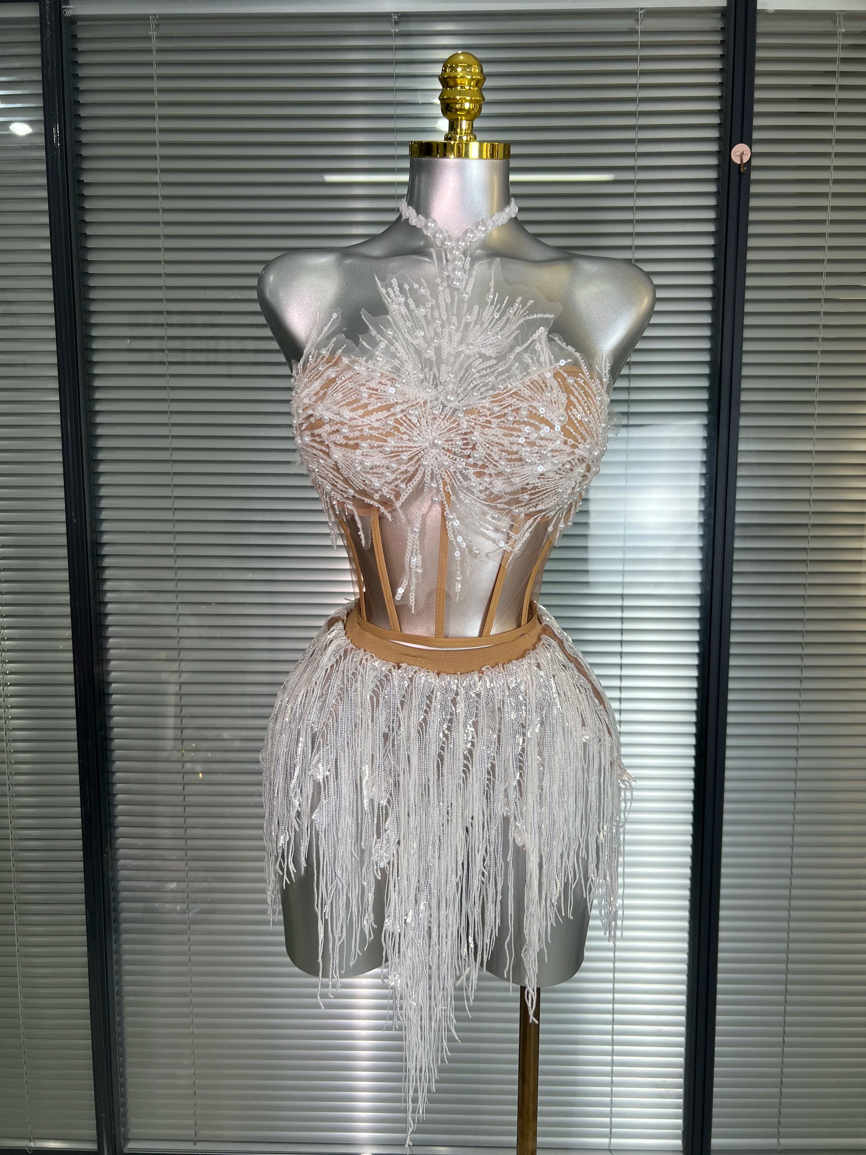 Women Sexy Sequins White Sparkly Two Pieces Set Shinning Fancy Night Club Skirt Suits Singer Dancer Stage Costume