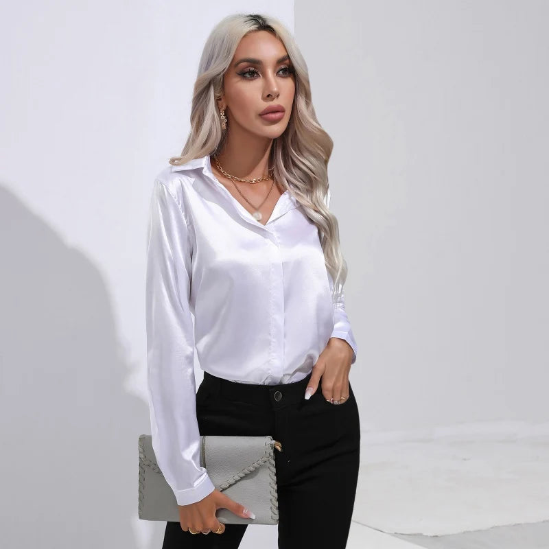 Spring Autumn Satin Shirt Women V Neck Long Sleeve Office Shirt Blouses Ladies Black White Silk Loose Shirts For Women W